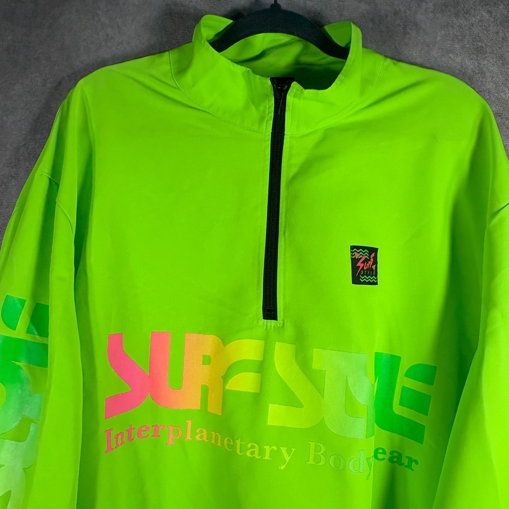 Surf Style Windbreaker Mens XL Neon Green Interplanetary Bodywear 1/4 Zip 90s - Picture 2 of 6